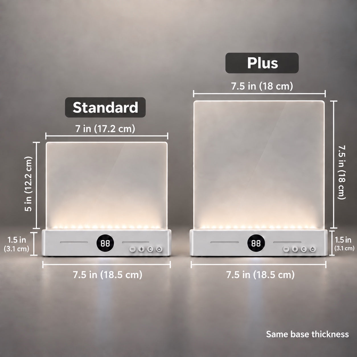 Standard and Plus reading light dimensions in inches and centimeters