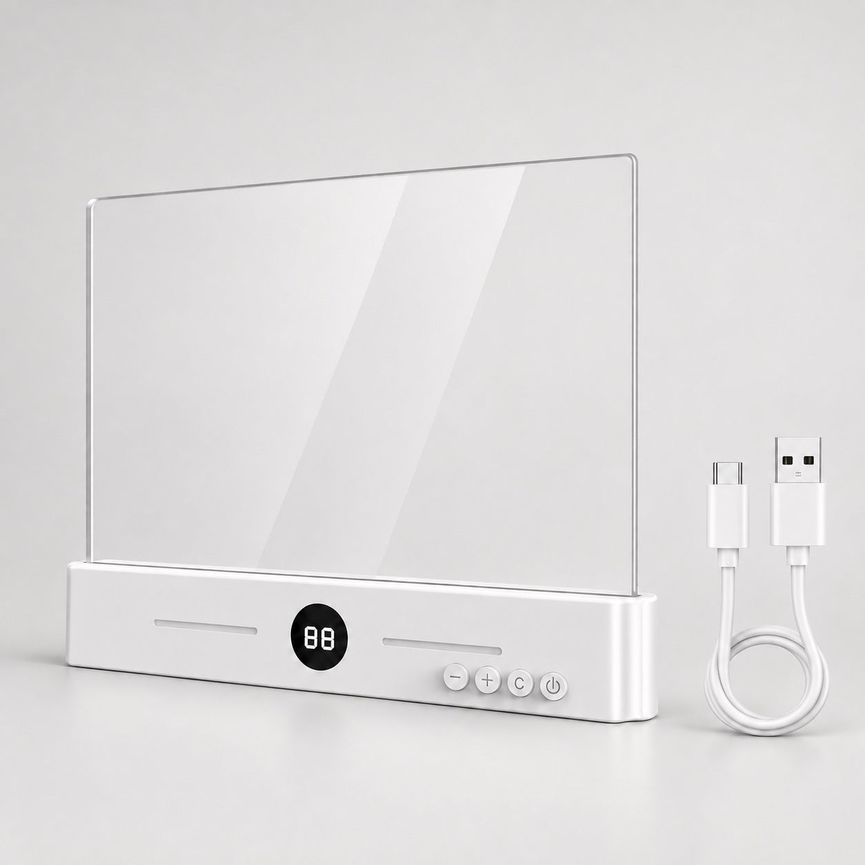White flat panel reading light with USB-A to USB-C charging cable