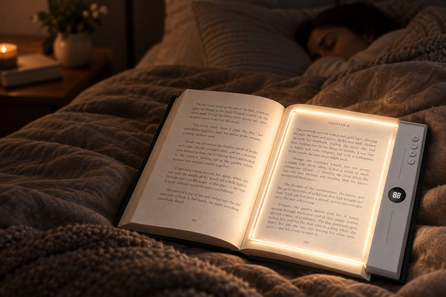 Flat panel reading light illuminating an open book in bed